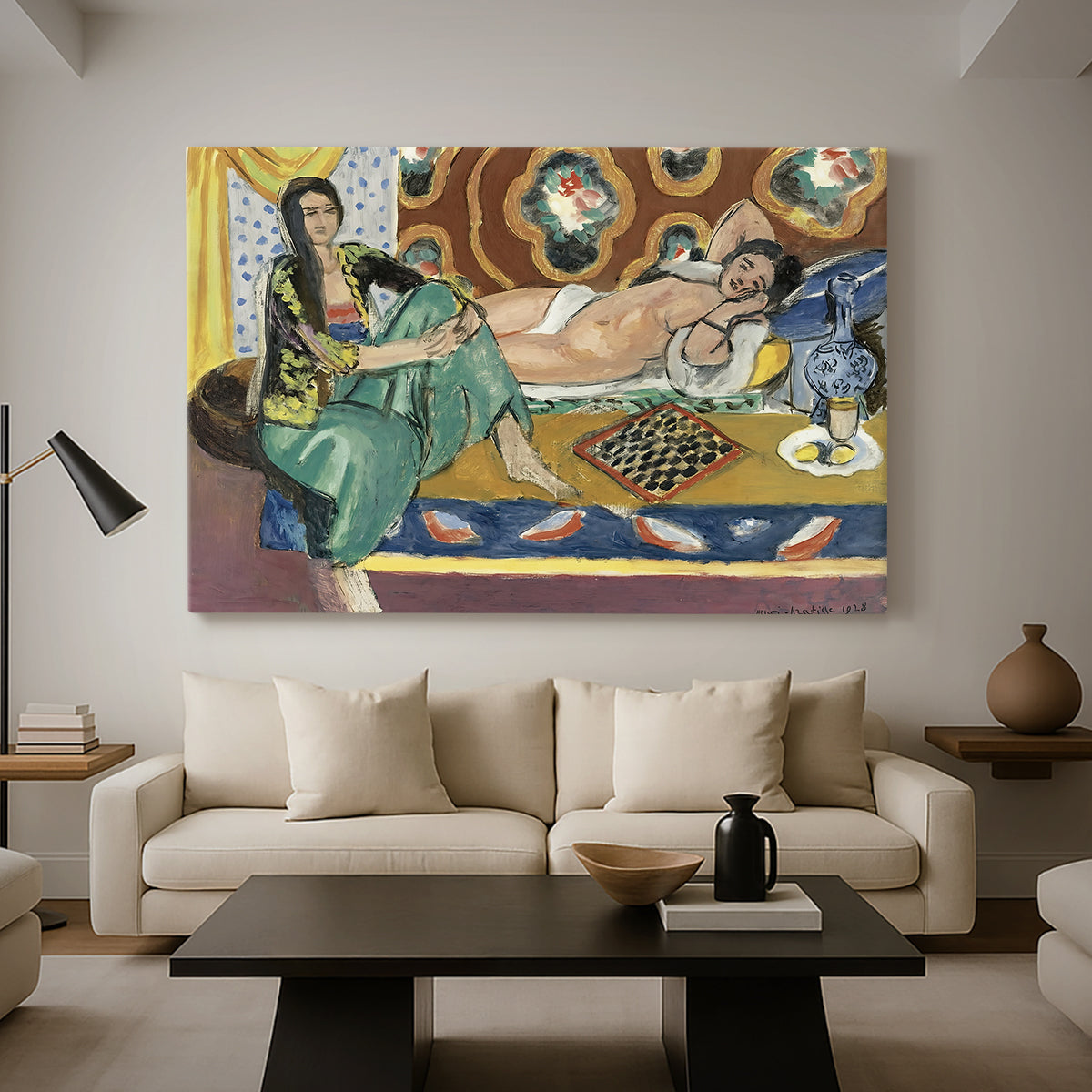 Canvas art print featuring a Fauvist composition of two seated figures at play, displayed in a spacious living room