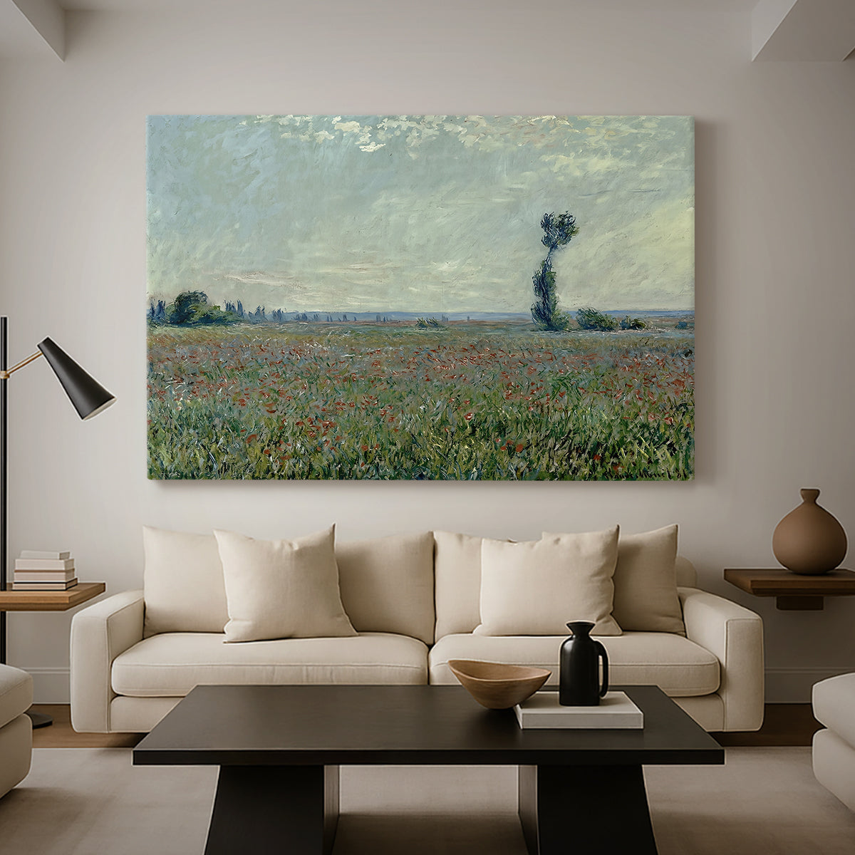 Canvas art print featuring a rural meadow with scattered poppies and soft horizon, displayed in a spacious living room