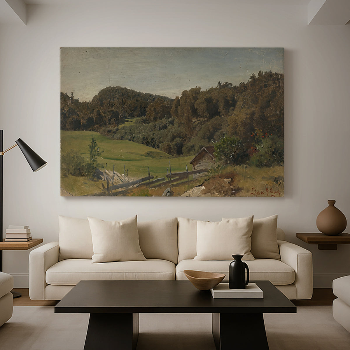 Canvas art print featuring a scenic rural landscape with fields and horizon, displayed in a spacious living room