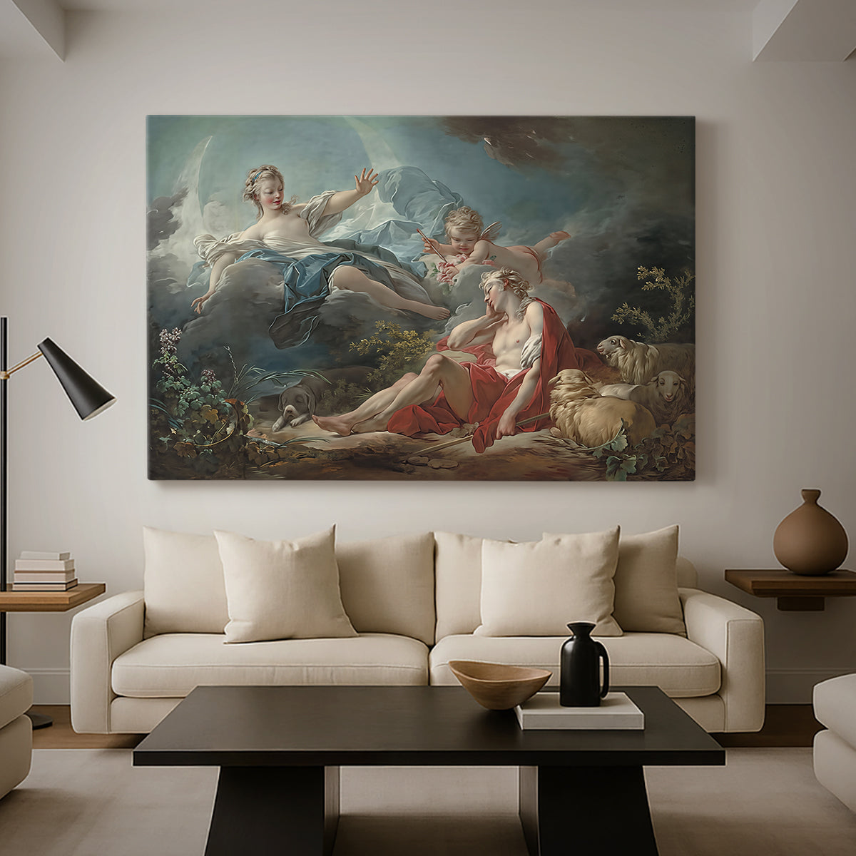 Canvas art print featuring a classical composition depicting interaction between figures in nature, displayed in a spacious living room
