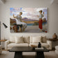 Canvas art print featuring a classical scene of figures winding thread together, displayed in a spacious living room