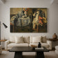 Canvas art print featuring a realistic still life with multiple objects and textures, displayed in a spacious living room