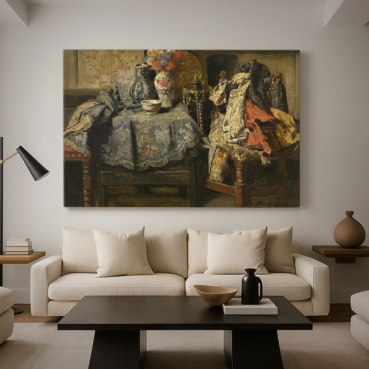 Canvas art print featuring a realistic still life with multiple objects and textures, displayed in a spacious living room