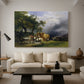 Canvas art print featuring a rural composition with agricultural work, displayed in a spacious living room
