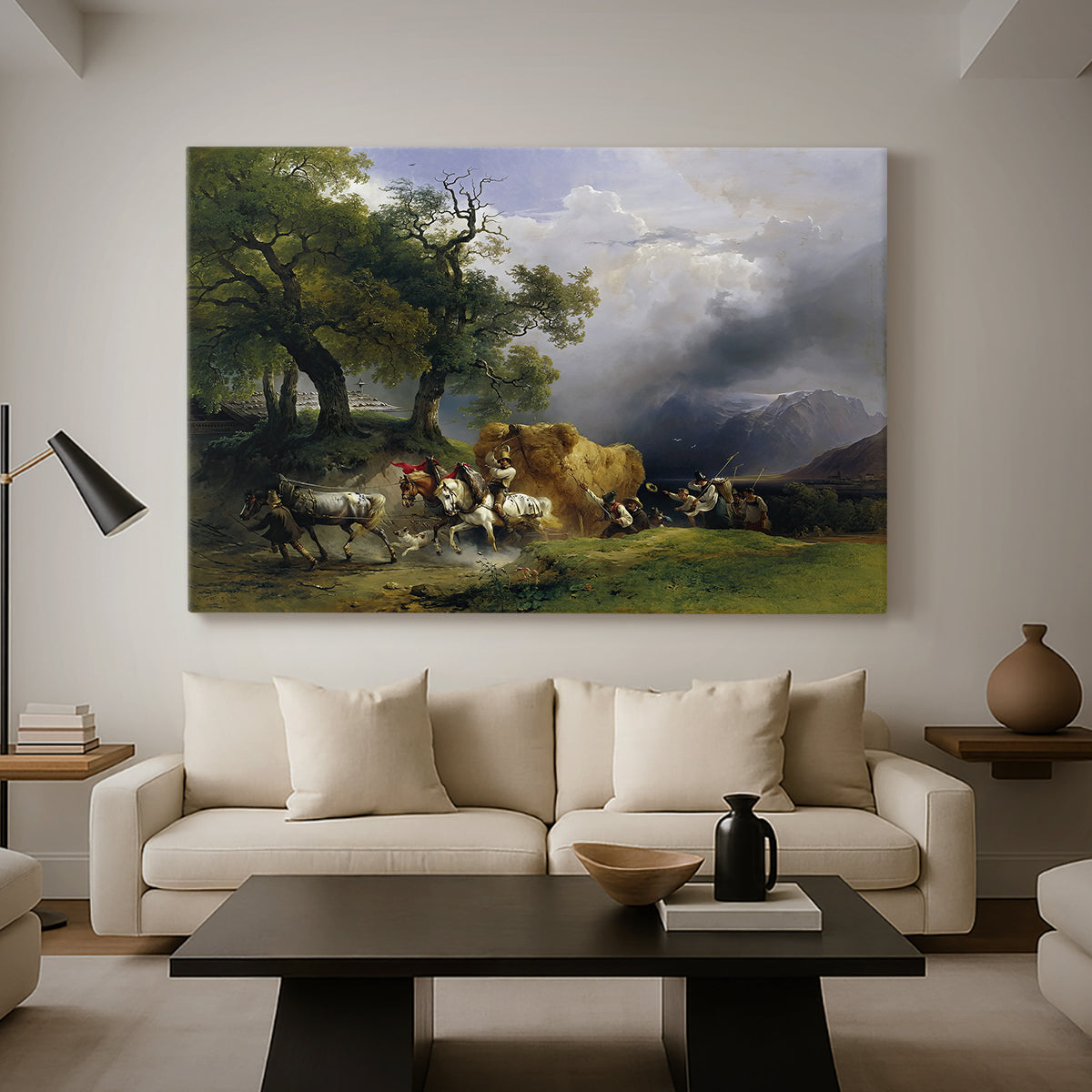 Canvas art print featuring a rural composition with agricultural work, displayed in a spacious living room
