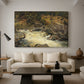 Canvas art print featuring a landscape focused on vertical movement of waterfall, displayed in a spacious living room