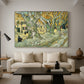 Canvas art print featuring a tree-lined path composition with activity along roadside, displayed in a spacious living room