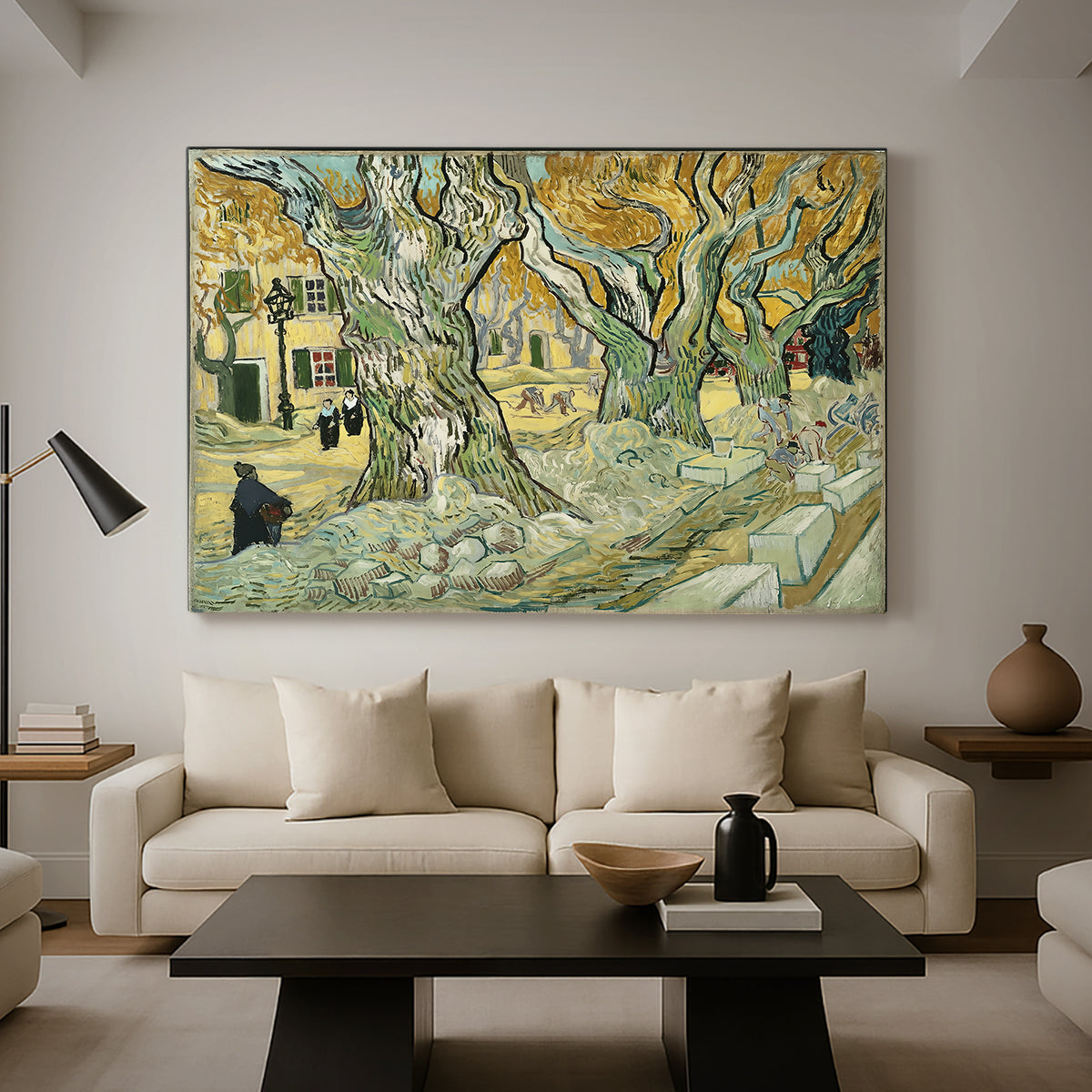 Canvas art print featuring a tree-lined path composition with activity along roadside, displayed in a spacious living room