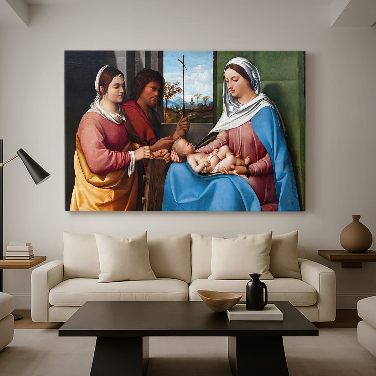 Canvas art print featuring a serene gathering of figures arranged in balanced composition, displayed in a spacious living room