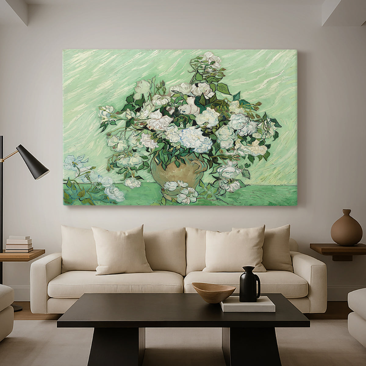 Canvas art print featuring a post-impressionist still life emphasizing color and texture, displayed in a spacious living room