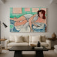 Canvas art print featuring a Fauvist figure study of a woman resting indoors, displayed in a spacious living room