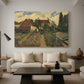 Canvas art print featuring an outdoor space with greenery surrounding small structure, displayed in a spacious living room