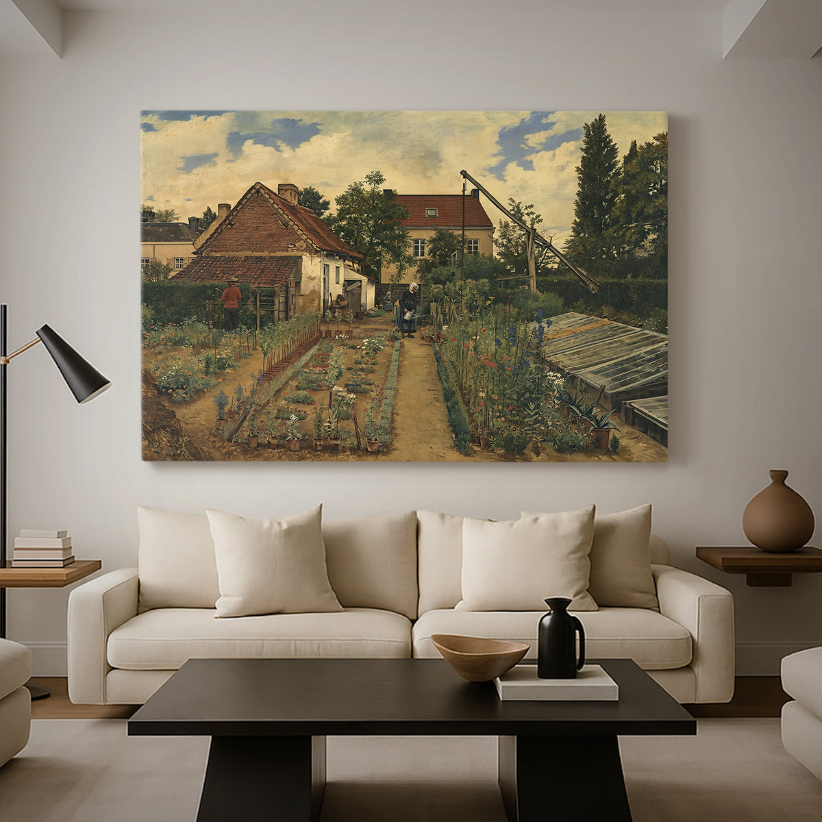 Canvas art print featuring an outdoor space with greenery surrounding small structure, displayed in a spacious living room
