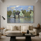 Canvas art print featuring a peaceful canal scene with houses mirrored in water, displayed in a spacious living room