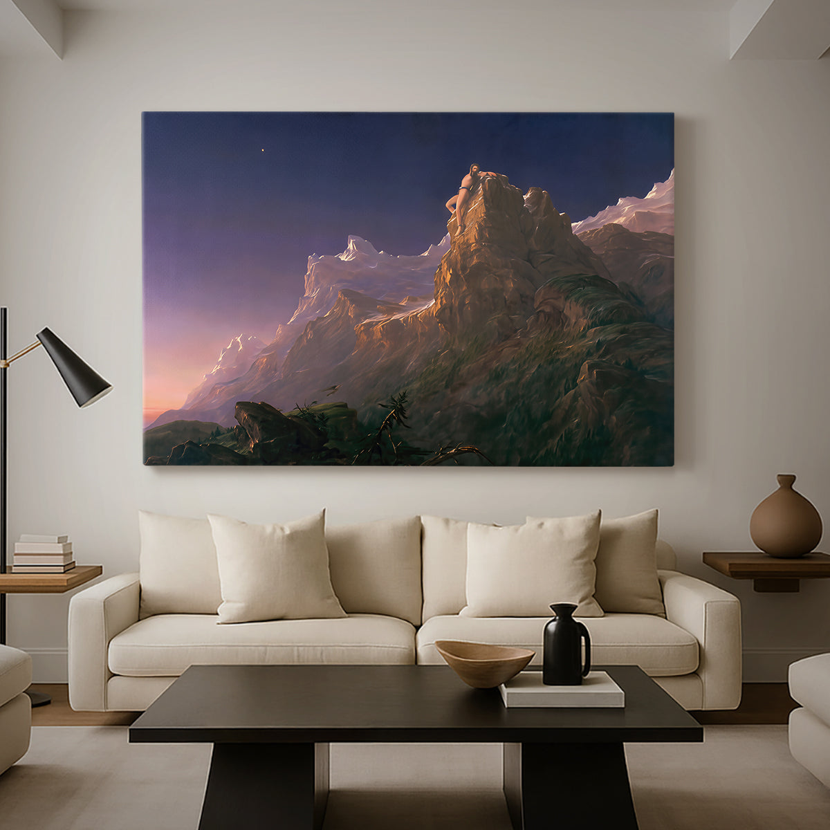 Canvas art print featuring a romantic composition with symbolic figure and environment, displayed in a spacious living room