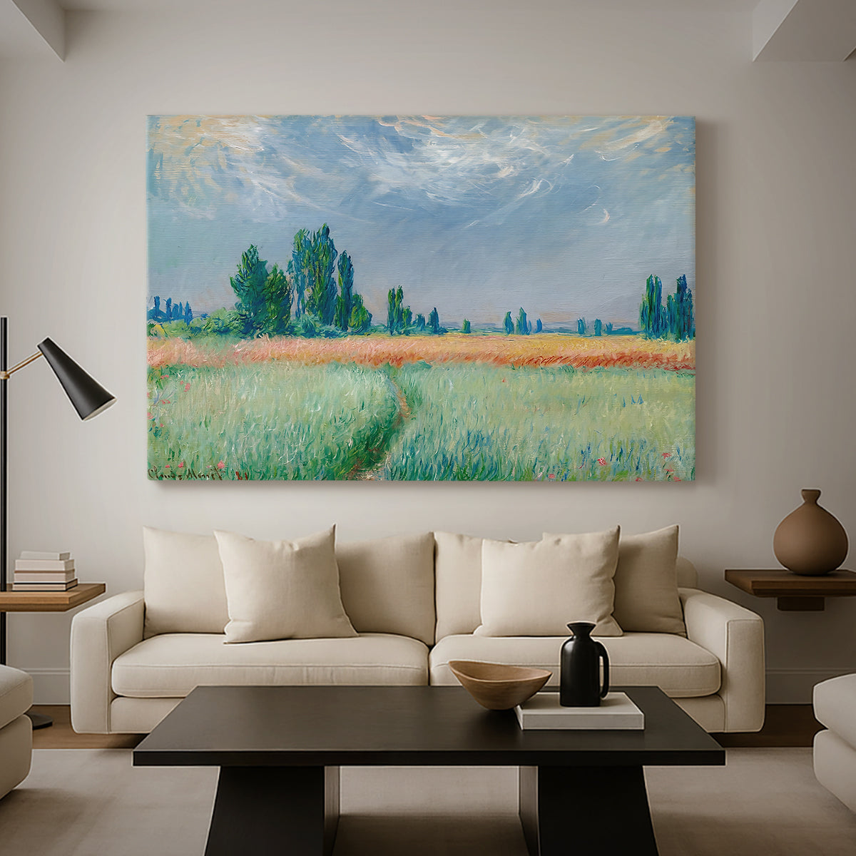 Canvas art print featuring an agricultural landscape with tall wheat and distant horizon, displayed in a spacious living room
