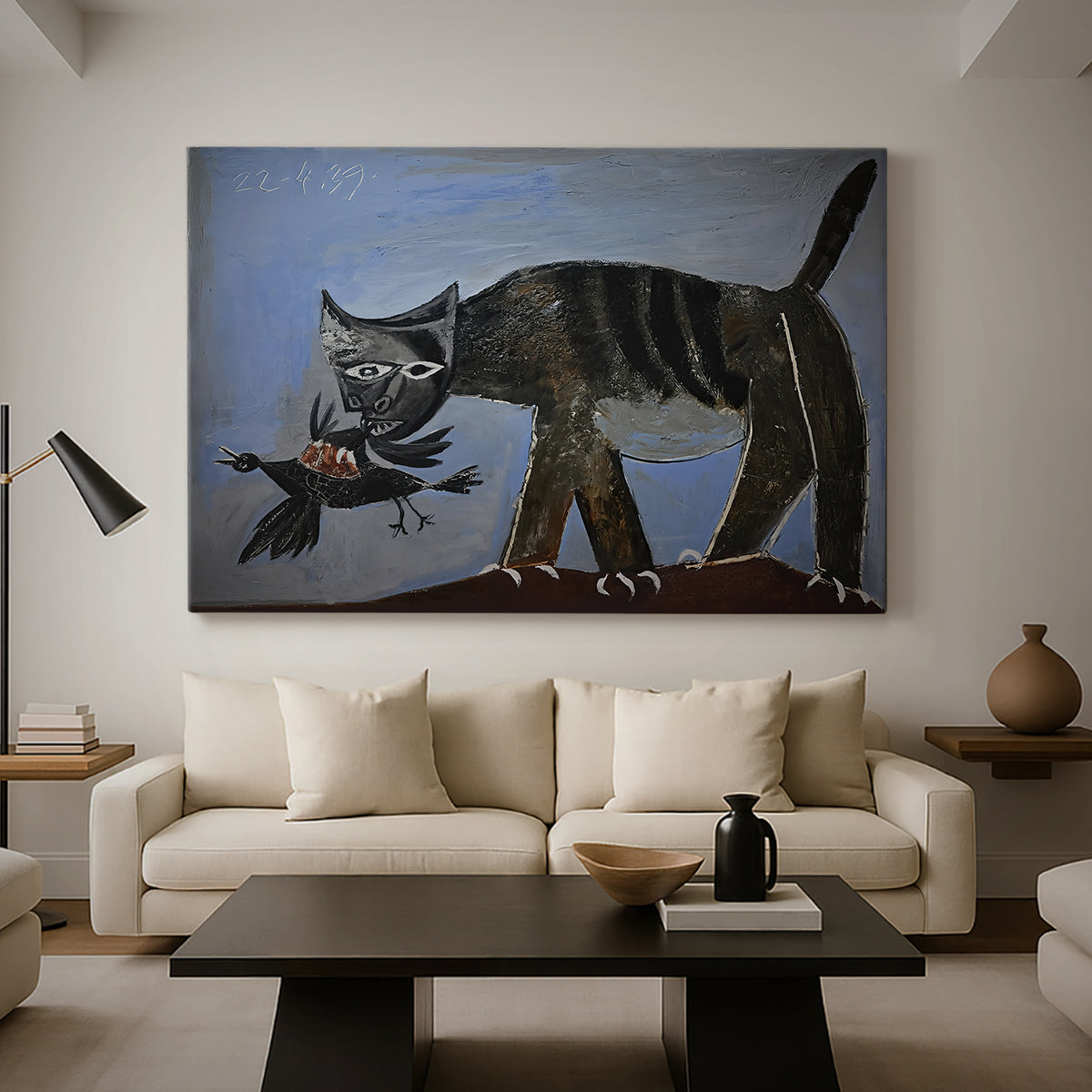 Canvas art print featuring an expressive predator interaction, displayed in a spacious living room