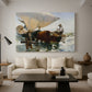 Canvas art print featuring a dynamic composition with people animals and boat, displayed in a spacious living room