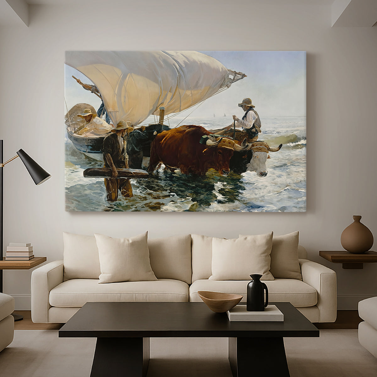Canvas art print featuring a dynamic composition with people animals and boat, displayed in a spacious living room