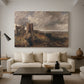 Canvas art print featuring an expressive landscape with structure, displayed in a spacious living room