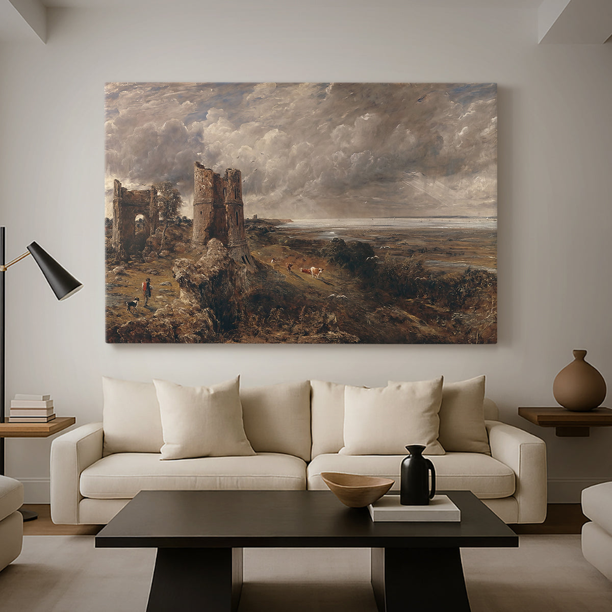 Canvas art print featuring an expressive landscape with structure, displayed in a spacious living room