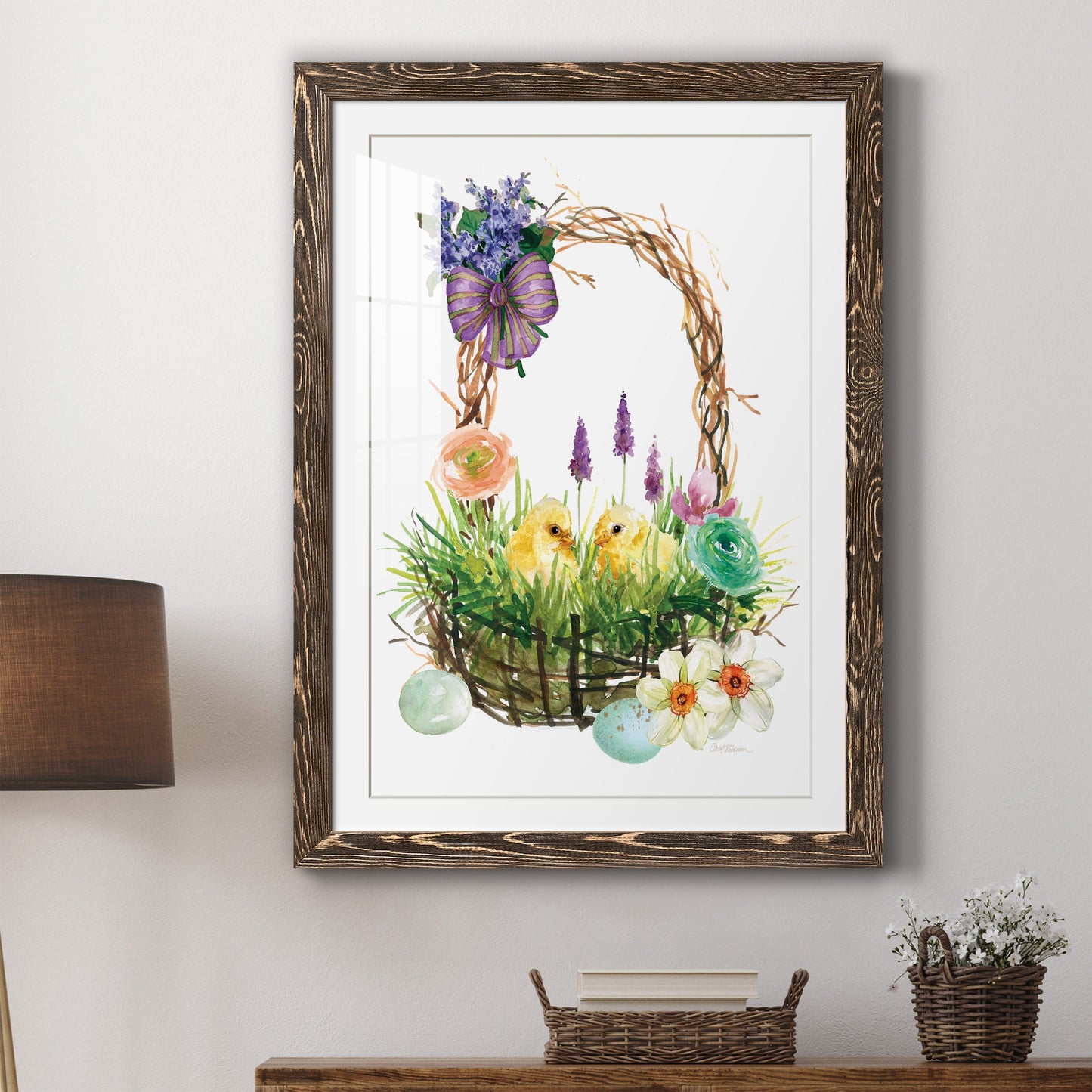 Spring Chick Basket - Premium Framed Print - Distressed Barnwood Frame - Ready to Hang