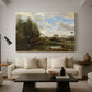 Canvas art print featuring a soft landscape with figures and foliage near shoreline, displayed in a spacious living room