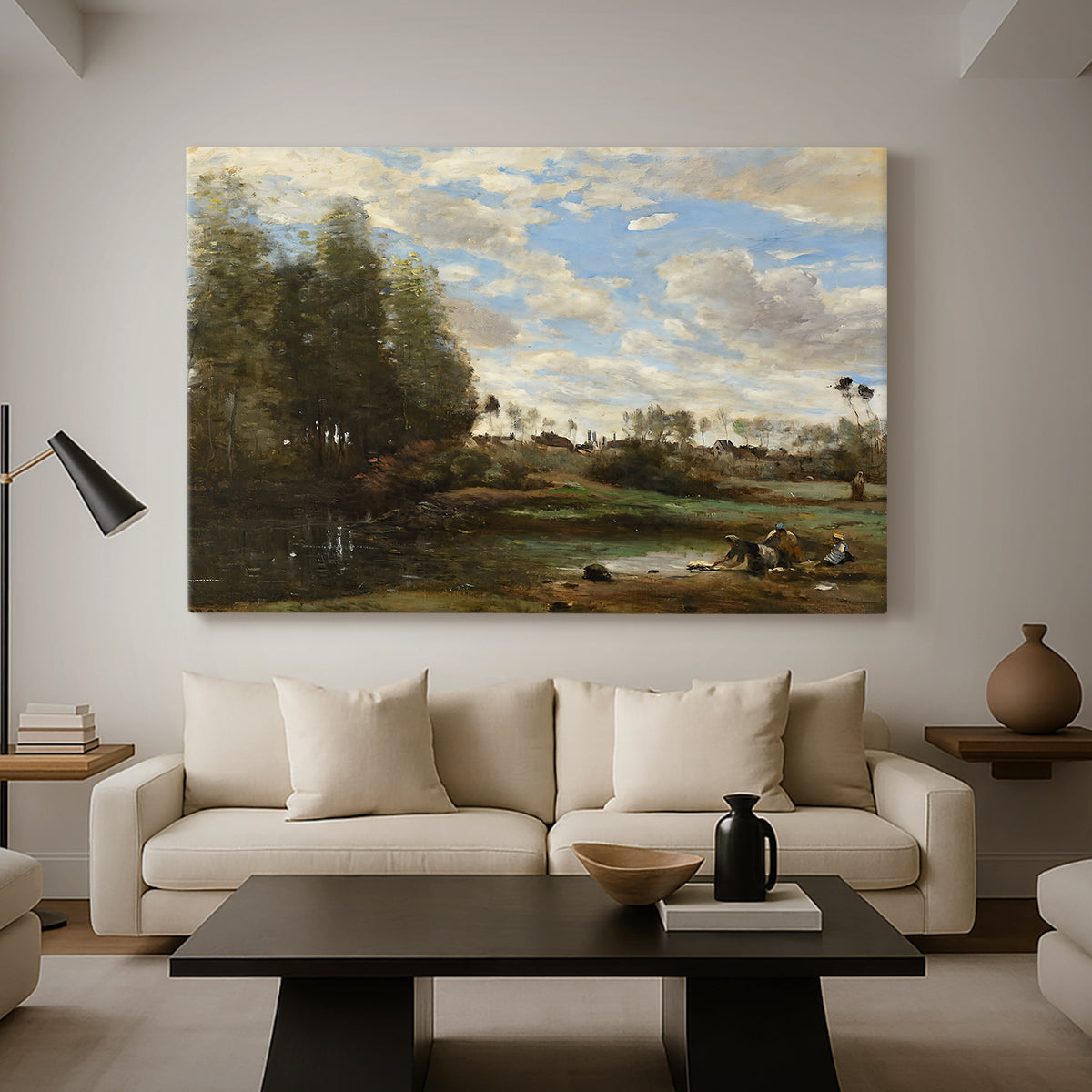 Canvas art print featuring a soft landscape with figures and foliage near shoreline, displayed in a spacious living room