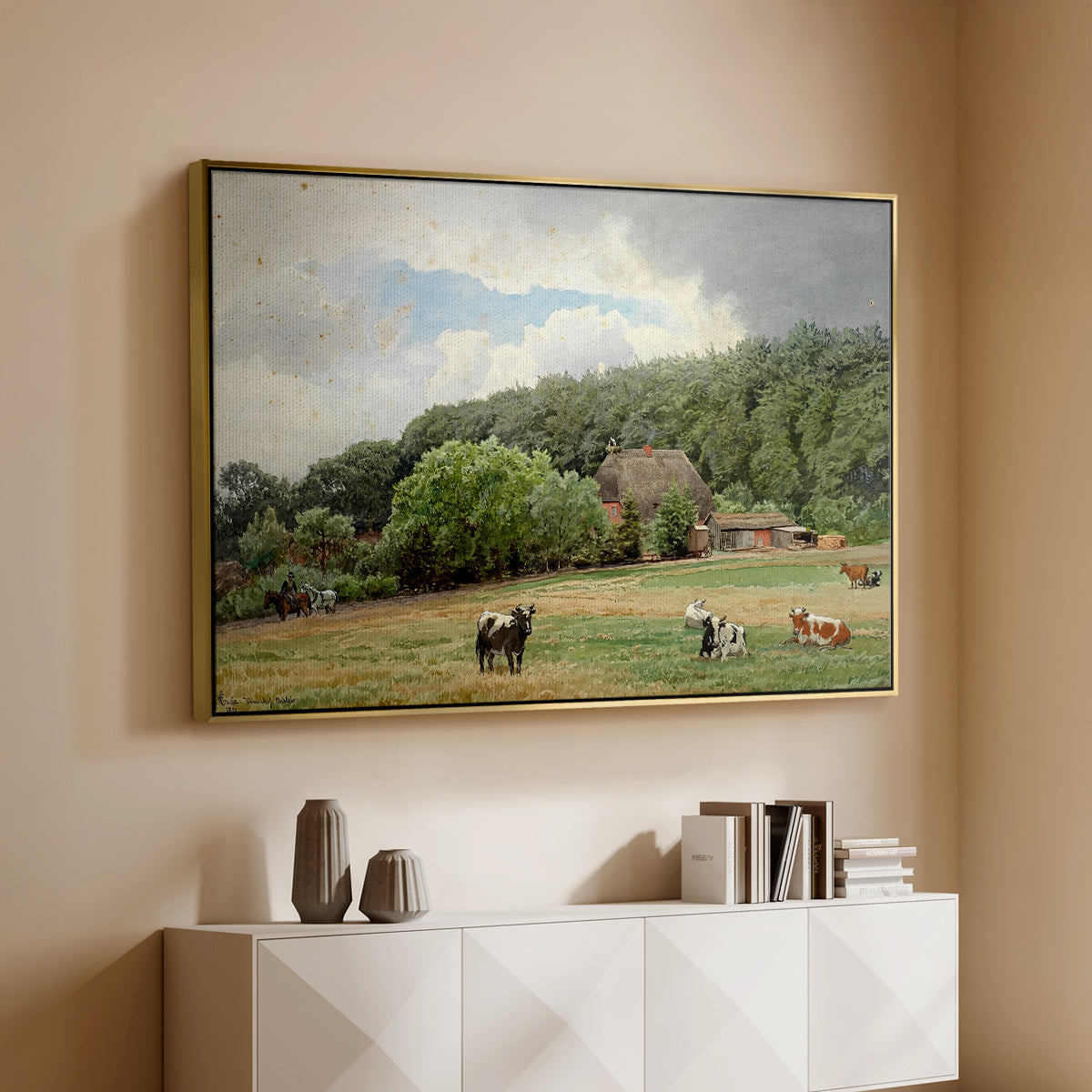 Farm with Grazing Cows (Bondegård med beitende kuer), 1892 - Floater Framed Canvas Print