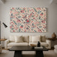 Canvas art print featuring a patterned composition with dense ornamental elements, displayed in a spacious living room