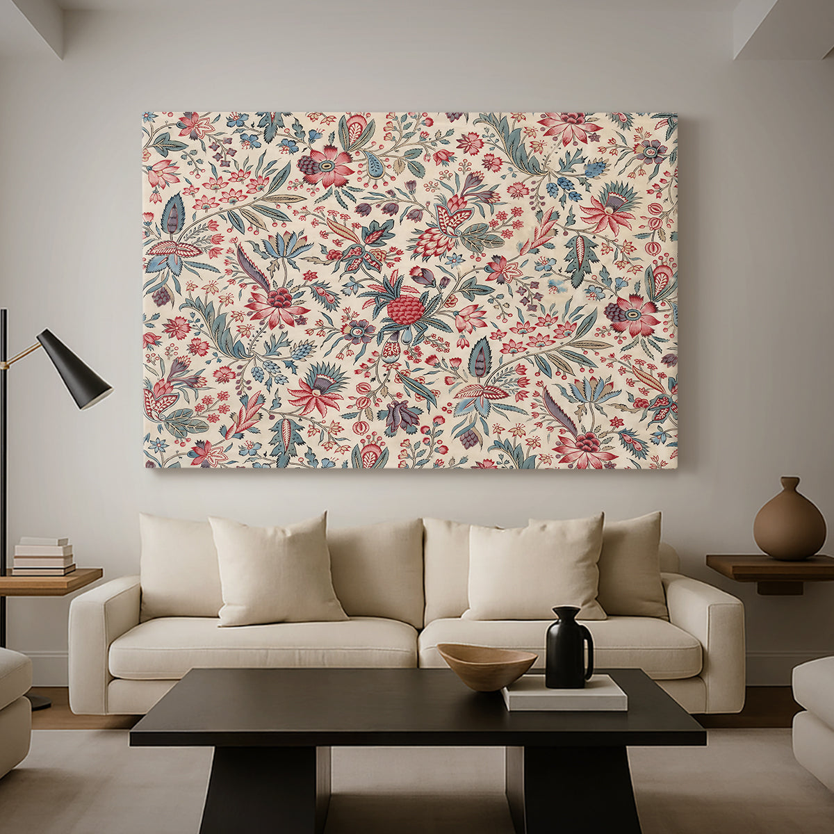 Canvas art print featuring a patterned composition with dense ornamental elements, displayed in a spacious living room