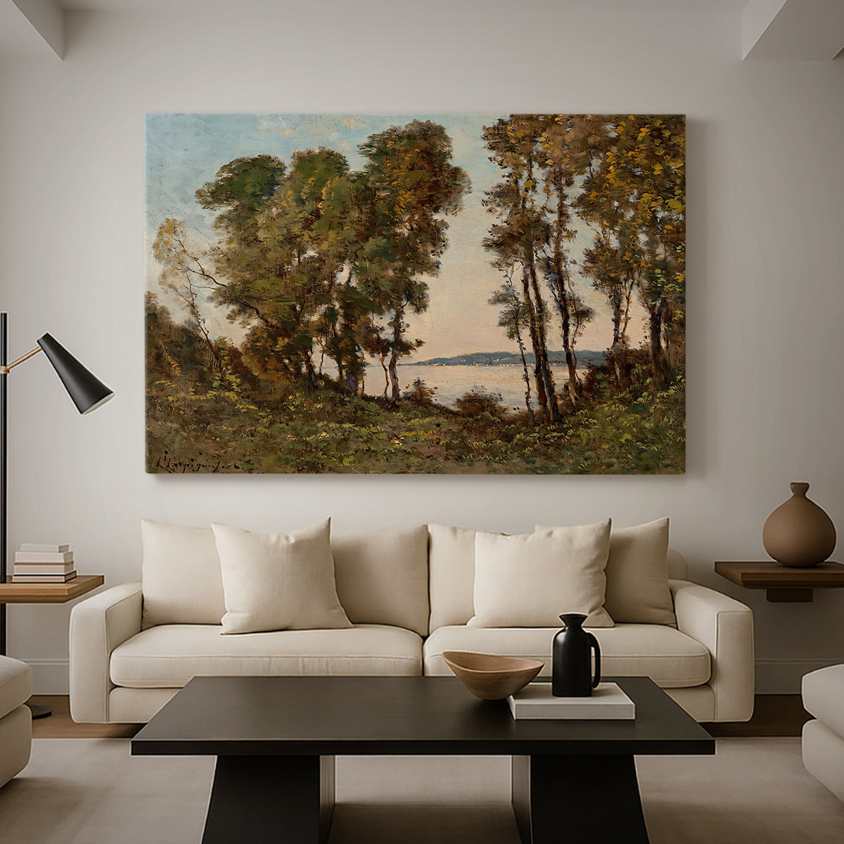 Canvas art print featuring a natural landscape with water and dense greenery, displayed in a spacious living room