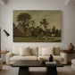 Canvas art print featuring a rural landscape featuring farm building and natural setting, displayed in a spacious living room