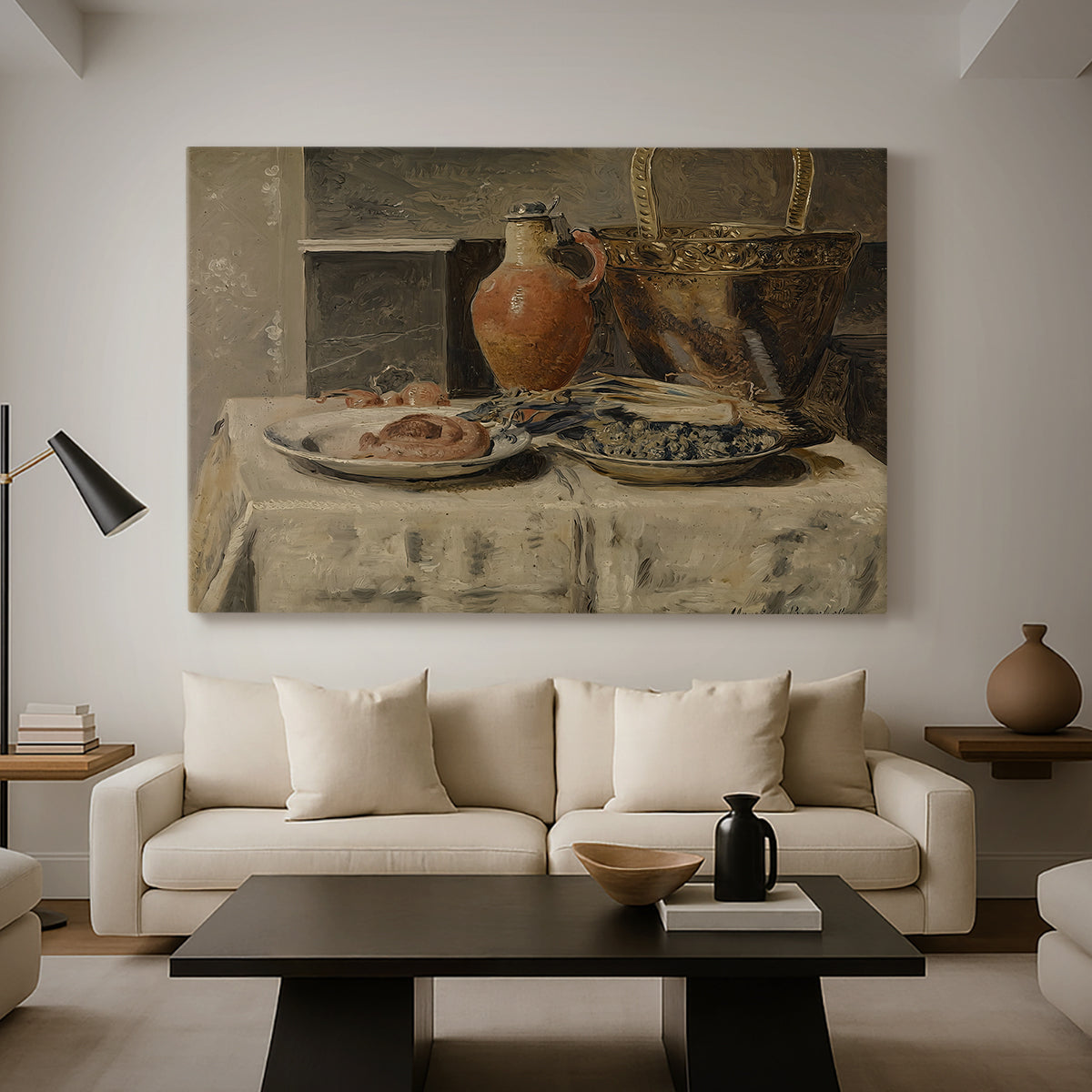 Canvas art print featuring a minimal composition of everyday objects in soft light, displayed in a spacious living room