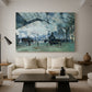 Canvas art print featuring an interior view of station filled with movement and smoke, displayed in a spacious living room