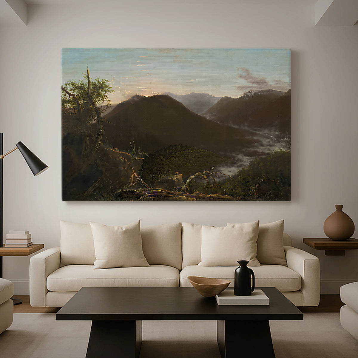 Canvas art print featuring a scenic sunrise view with deep valley and layered peaks, displayed in a spacious living room