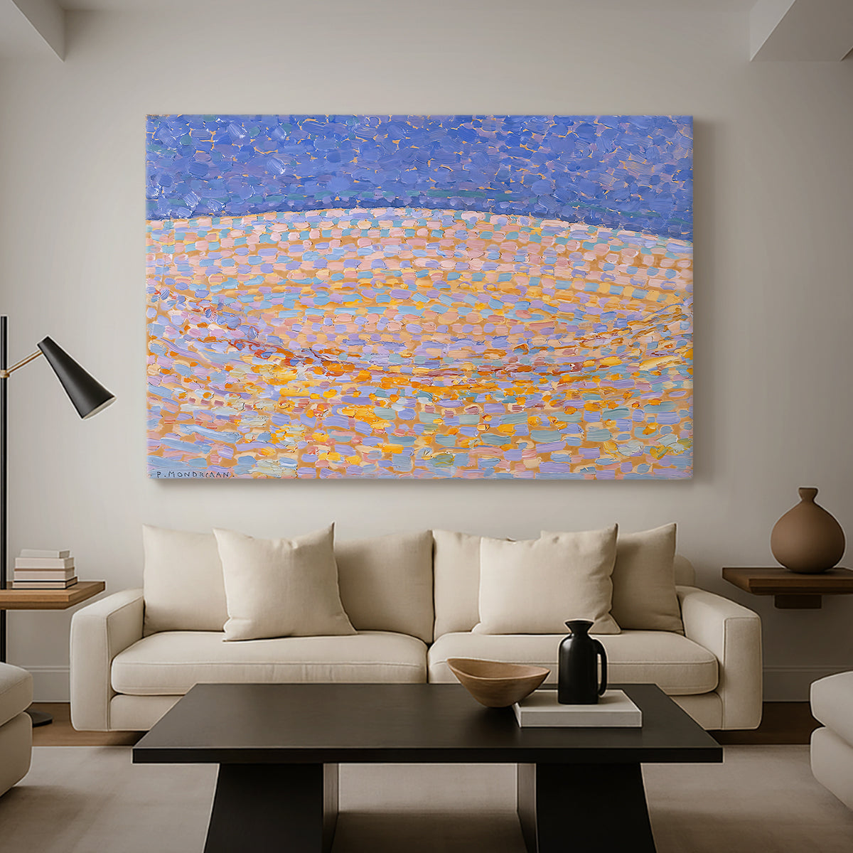 Canvas art print featuring an expressive composition emphasizing surface and pattern, displayed in a spacious living room