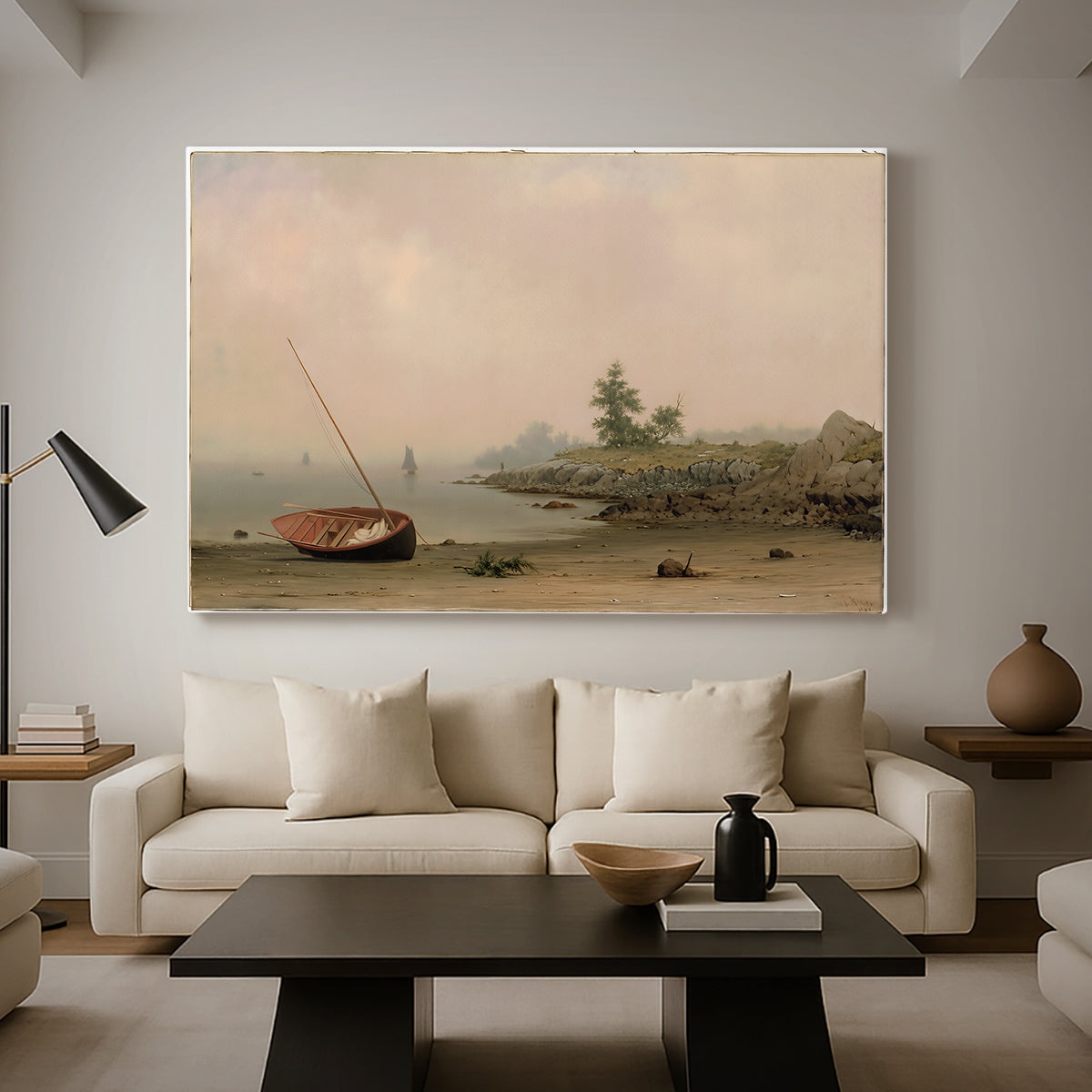 Canvas art print featuring a tranquil landscape with boat and reflective water, displayed in a spacious living room