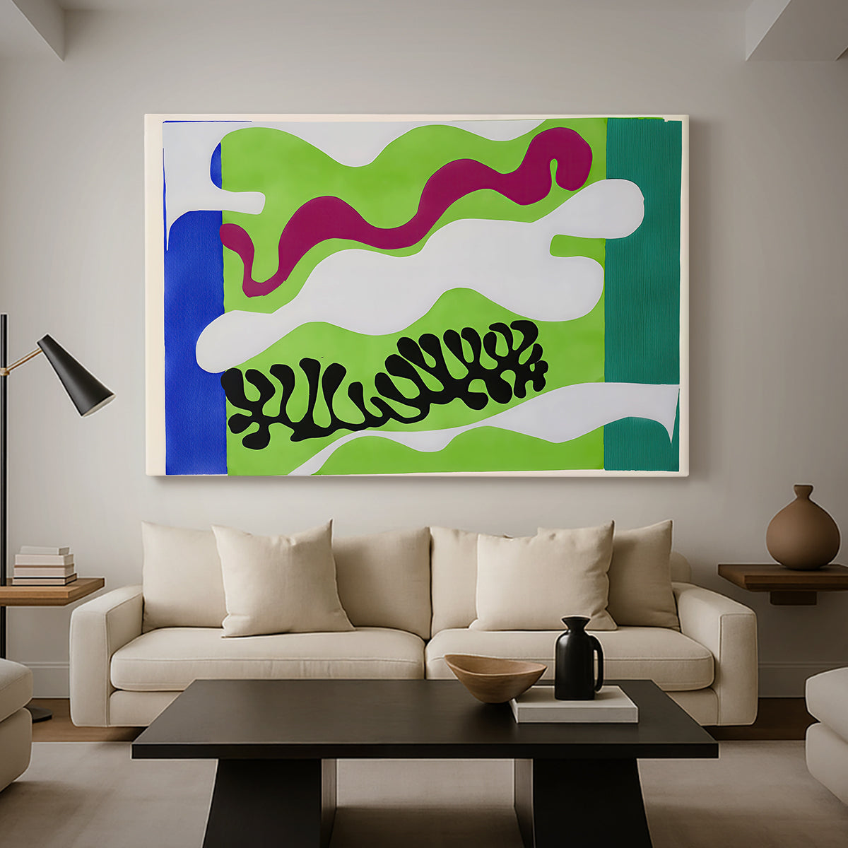 Canvas art print featuring an expressive abstract work with organic lines, displayed in a spacious living room