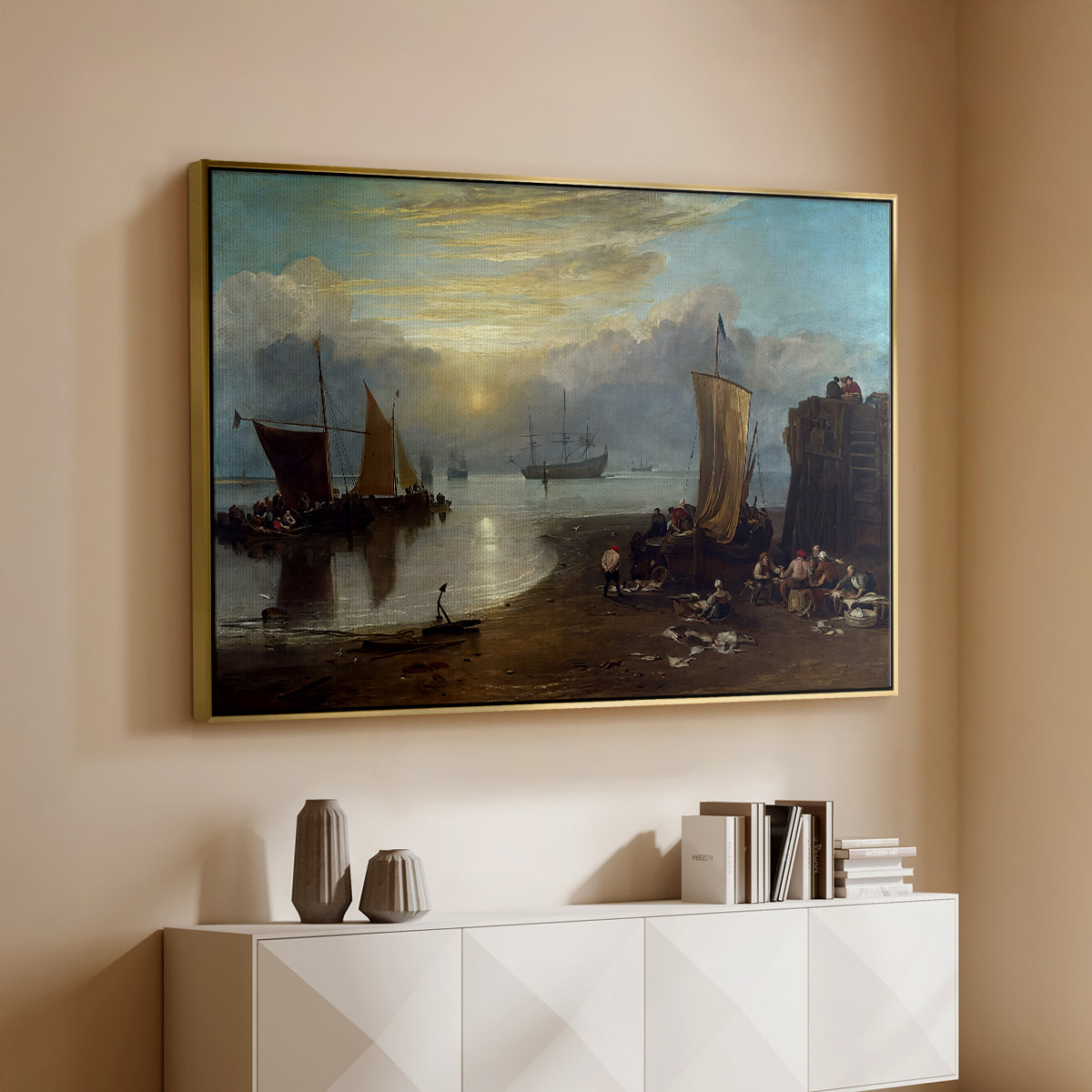 Sun Rising through Vapour: Fishermen Cleaning and Selling Fish, c. 1807 - Floater Framed Canvas Print
