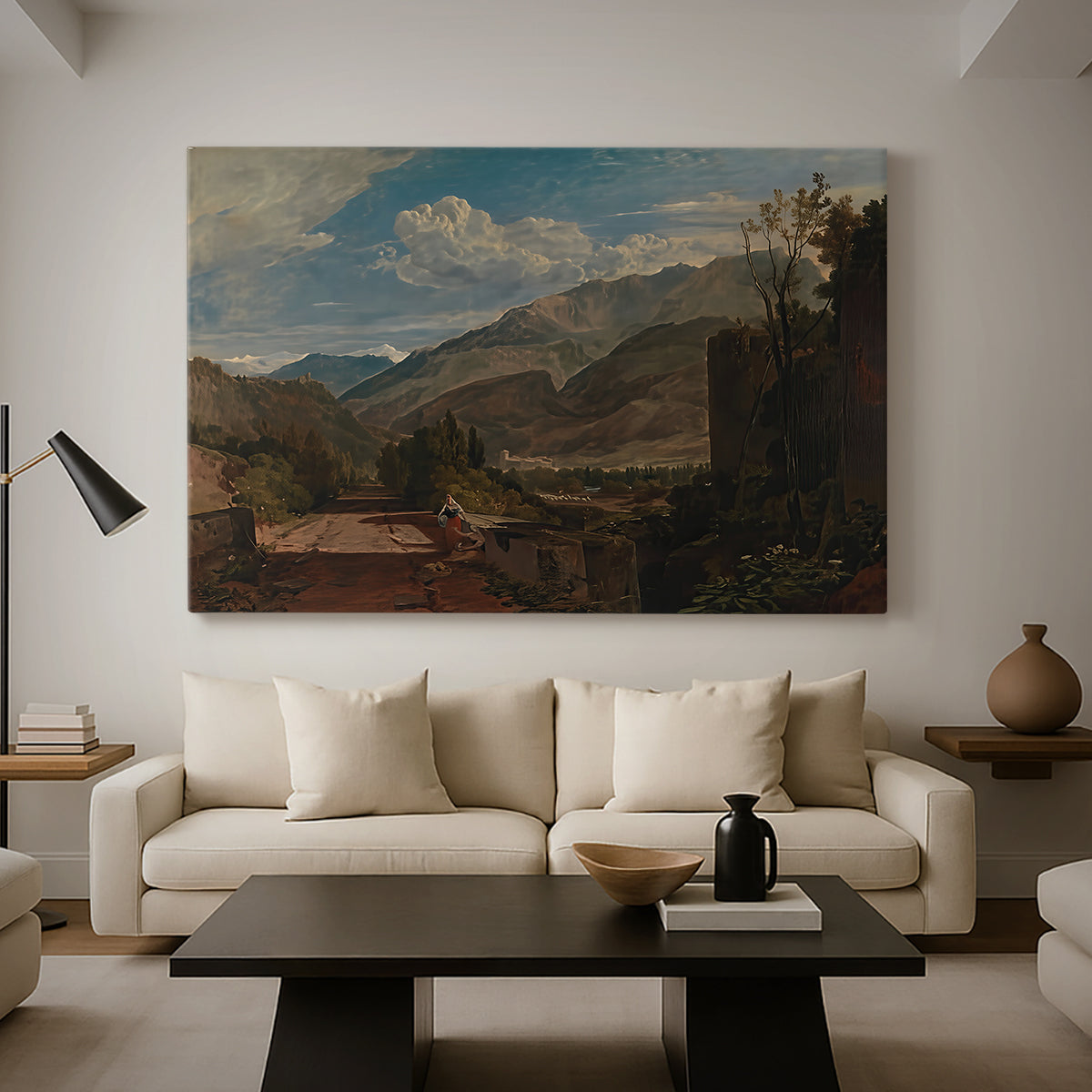 Canvas art print featuring an expressive landscape with elevation, displayed in a spacious living room