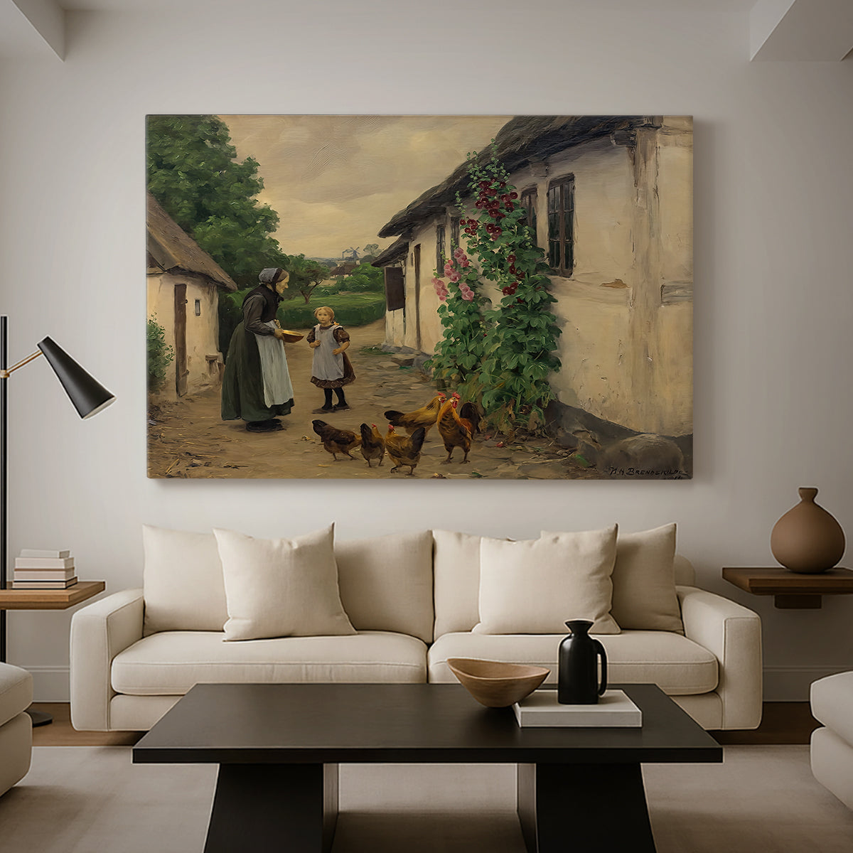 Canvas art print featuring a domestic interaction outside traditional farmhouse, displayed in a spacious living room