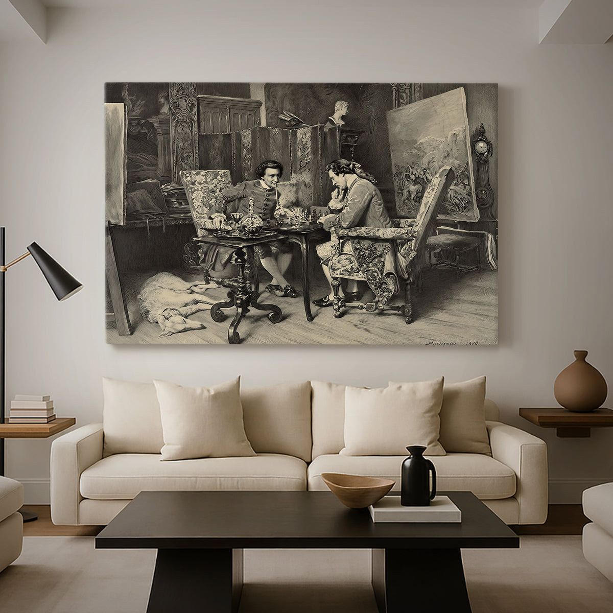 Canvas art print featuring an intimate interior with players focused on board and pieces, displayed in a spacious living room