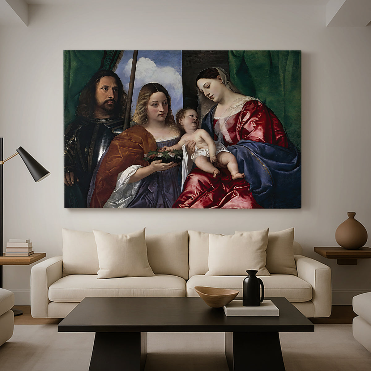 Canvas art print featuring a Renaissance devotional composition with richly dressed saints, displayed in a spacious living room