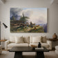 Canvas art print featuring a realistic countryside composition with farm and terrain, displayed in a spacious living room