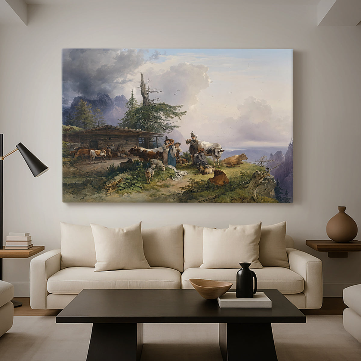 Canvas art print featuring a realistic countryside composition with farm and terrain, displayed in a spacious living room