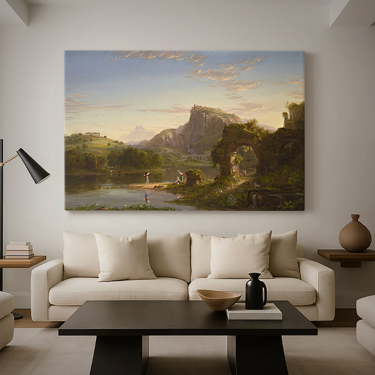 Canvas art print featuring a landscape combining architecture, figures, and open terrain, displayed in a spacious living room