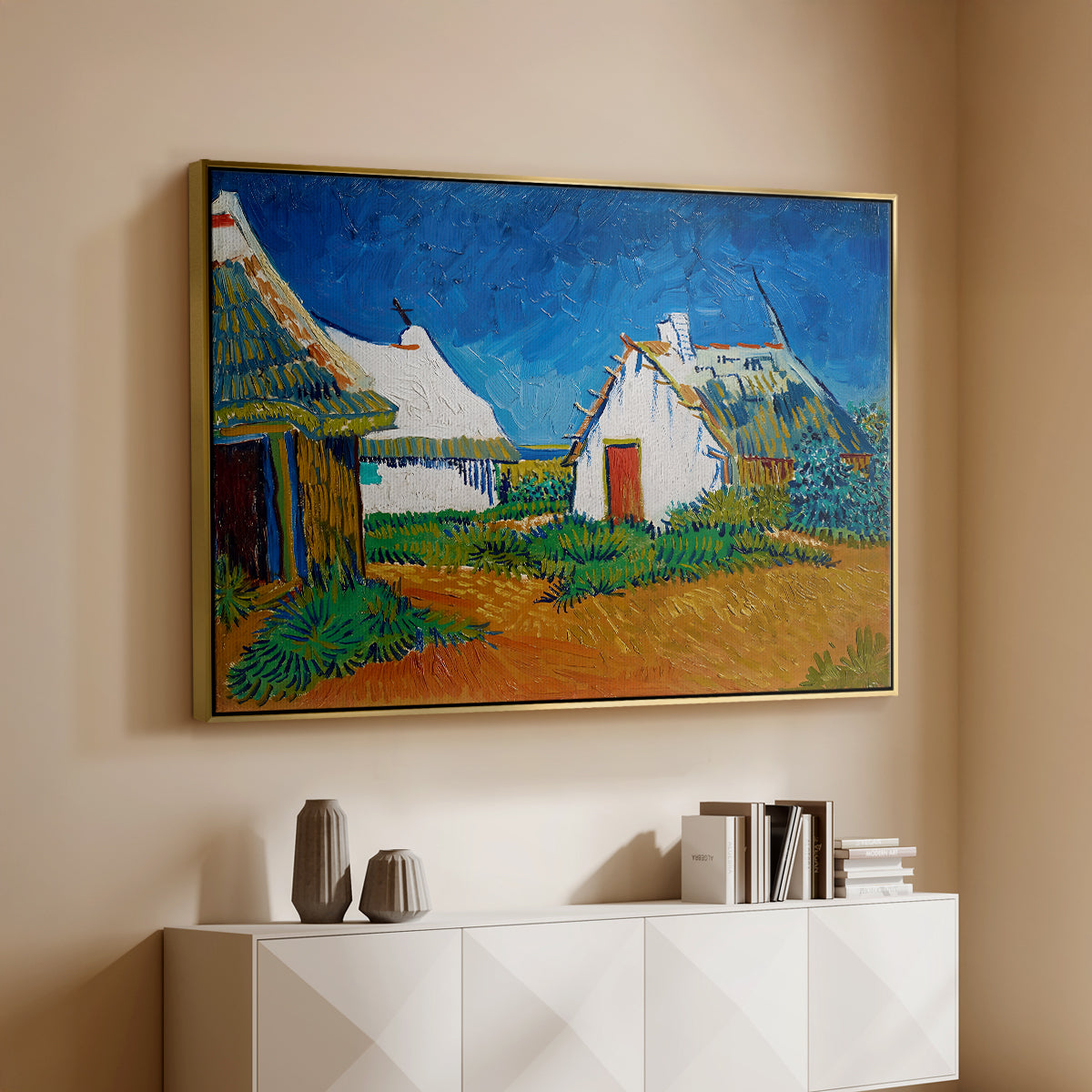Three White Cottages at Saintes-Maries, 1888 - Floater Framed Canvas Print