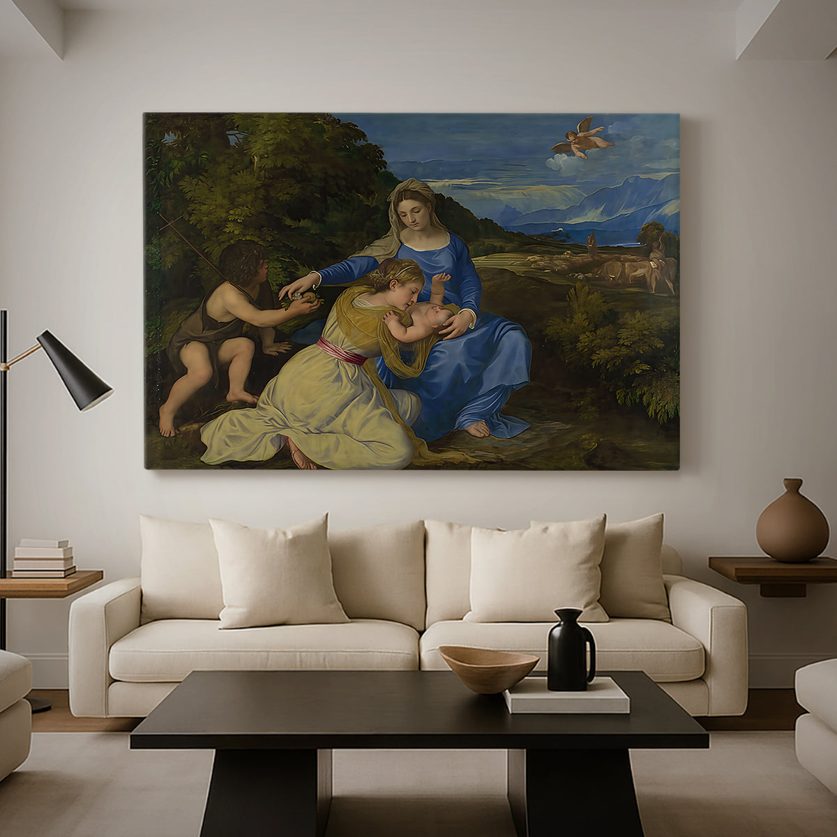 Canvas art print featuring a Renaissance religious composition with seated figures in natural setting, displayed in a spacious living room