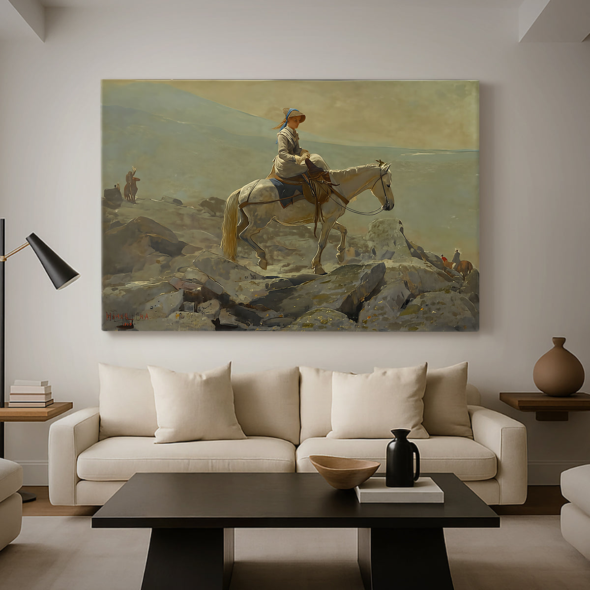 Canvas art print featuring a mountainous composition with person and horse in open terrain, displayed in a spacious living room